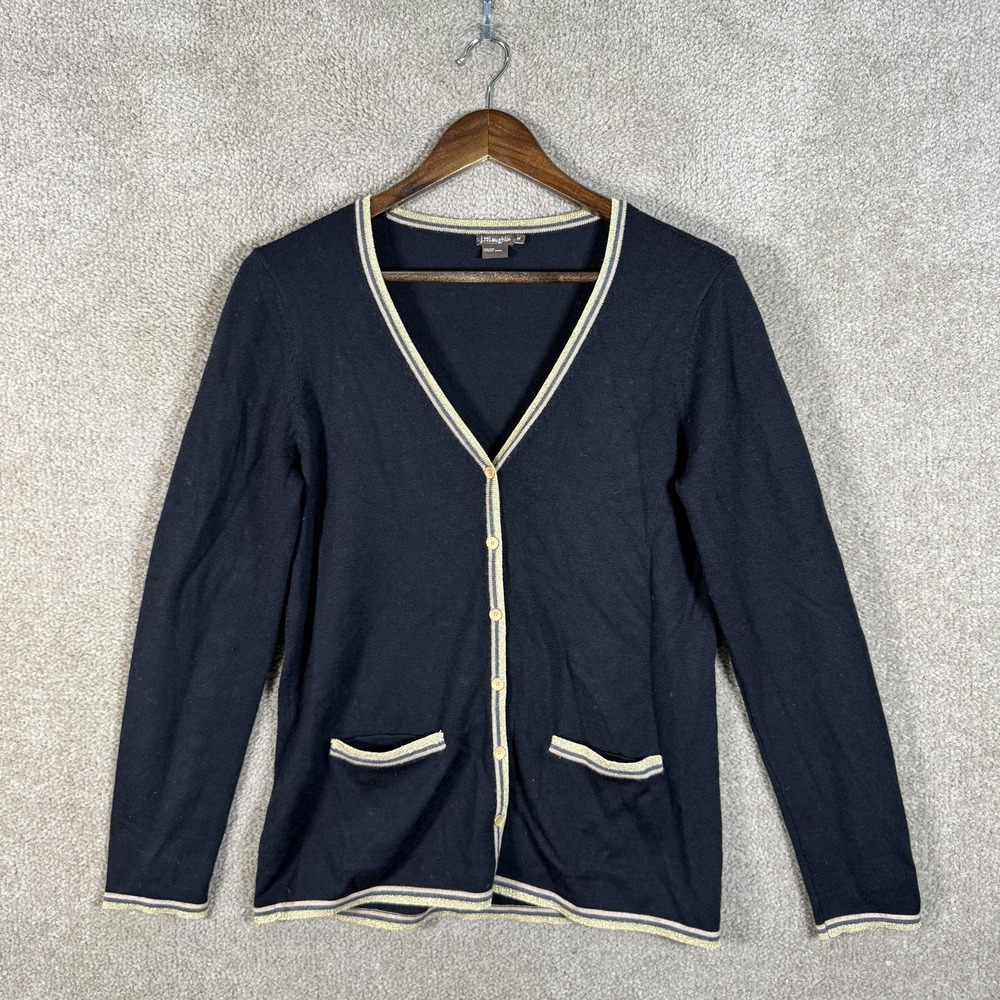 J.McLaughlin‎ Sweater Womens Medium Black Italian Merino Wool Cardigan Gold Trim